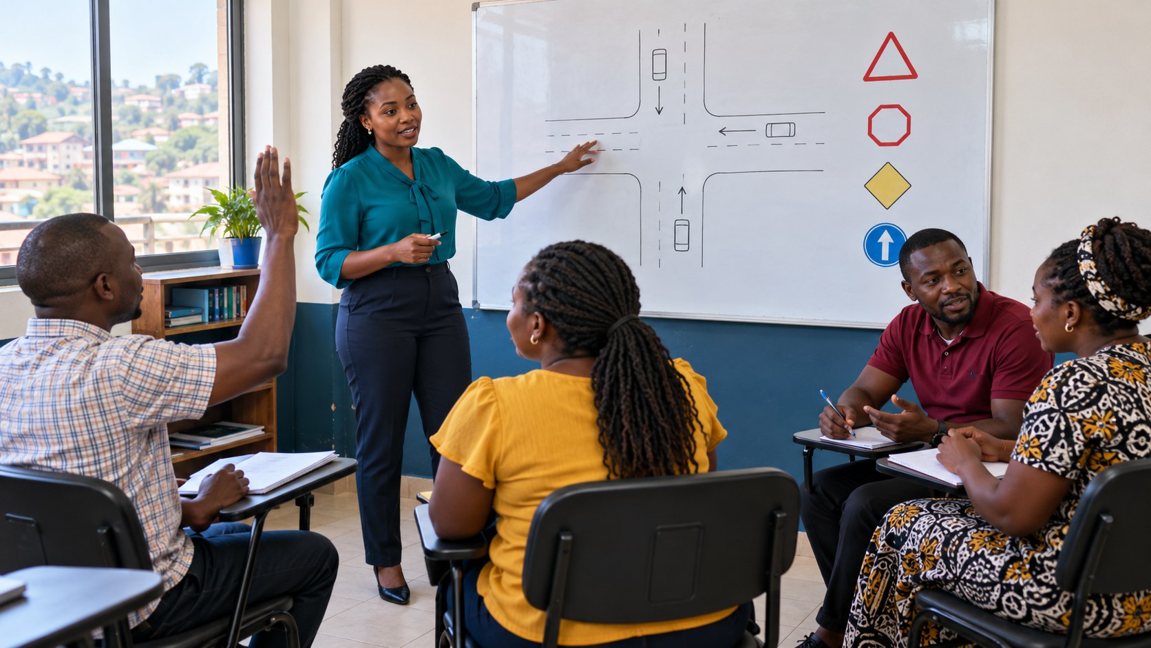 Adult learners discussing road safety with a woman instructor