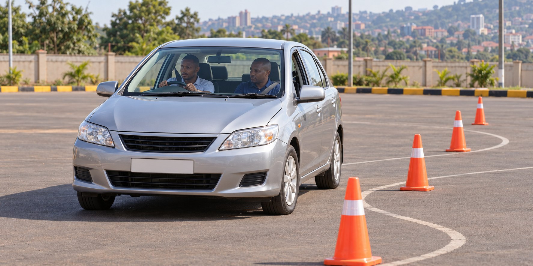 Learner and instructor practising a cone course in a car