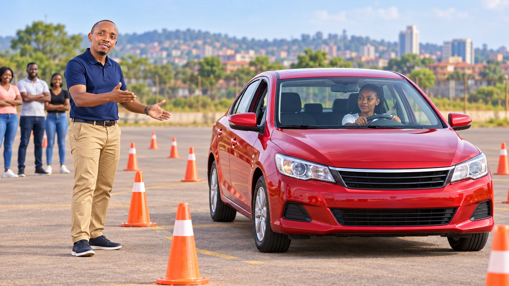 VSMART director guiding a learner beside a car on a cone practice ground